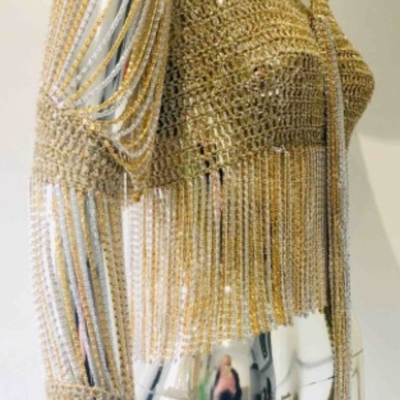 RARE 1970s authentic Loris Azzaro Gold & Silver Chain & Knit Top w/ Chain Tassel - Picture 2 of 9